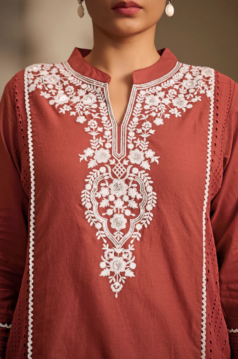 Rama Pure Cotton Schiffli Embroidered Straight Kurta Set with Cotton Pants & Najmin Chiffon Dupatta