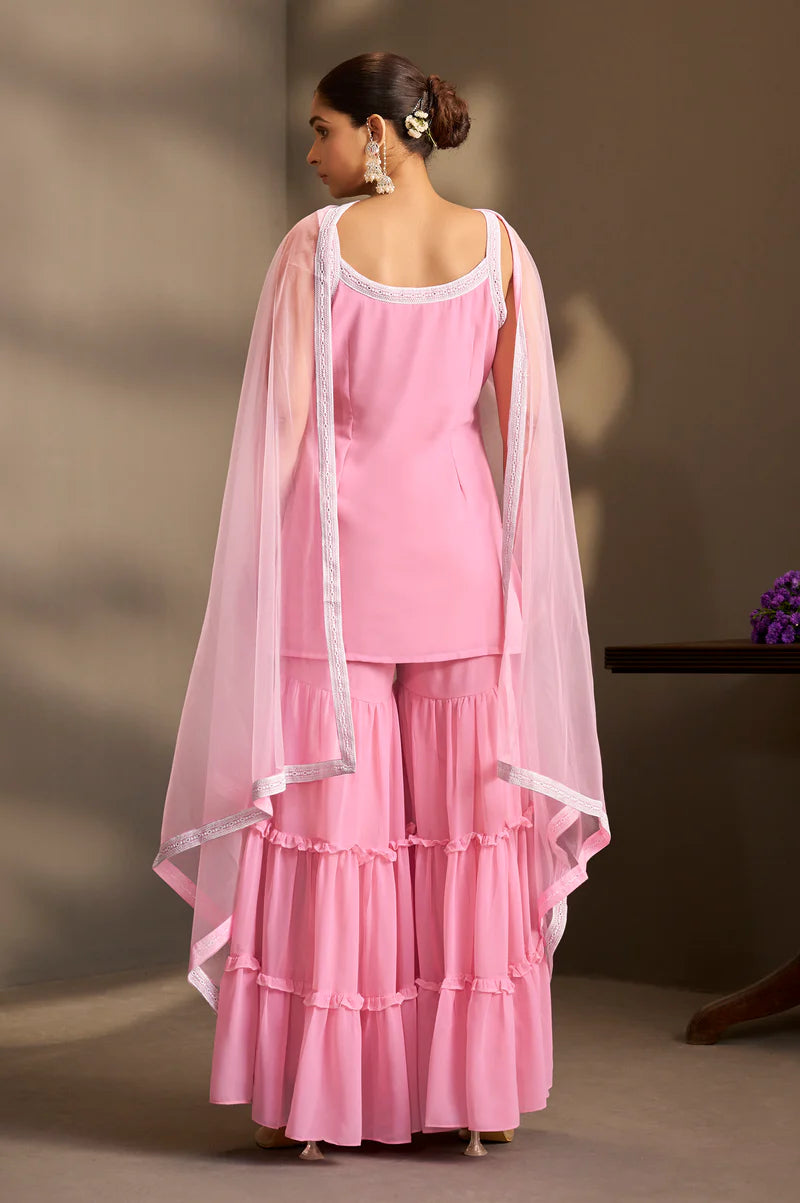 Pink Georgette Schiffli Embroidered Straight Kurta with Sharara & Net Dupatta
