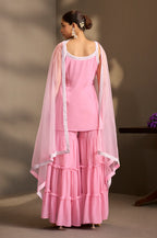 Pink Georgette Schiffli Embroidered Straight Kurta with Sharara & Net Dupatta