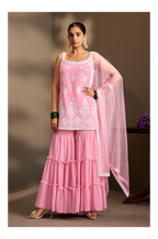 Pink Georgette Schiffli Embroidered Straight Kurta with Sharara & Net Dupatta