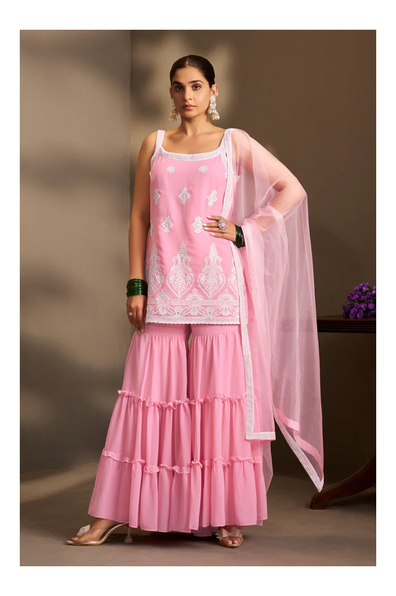 Pink Georgette Schiffli Embroidered Straight Kurta with Sharara & Net Dupatta
