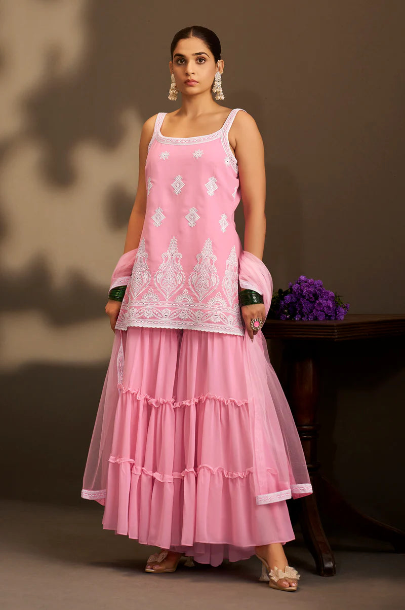 Pink Georgette Schiffli Embroidered Straight Kurta with Sharara & Net Dupatta