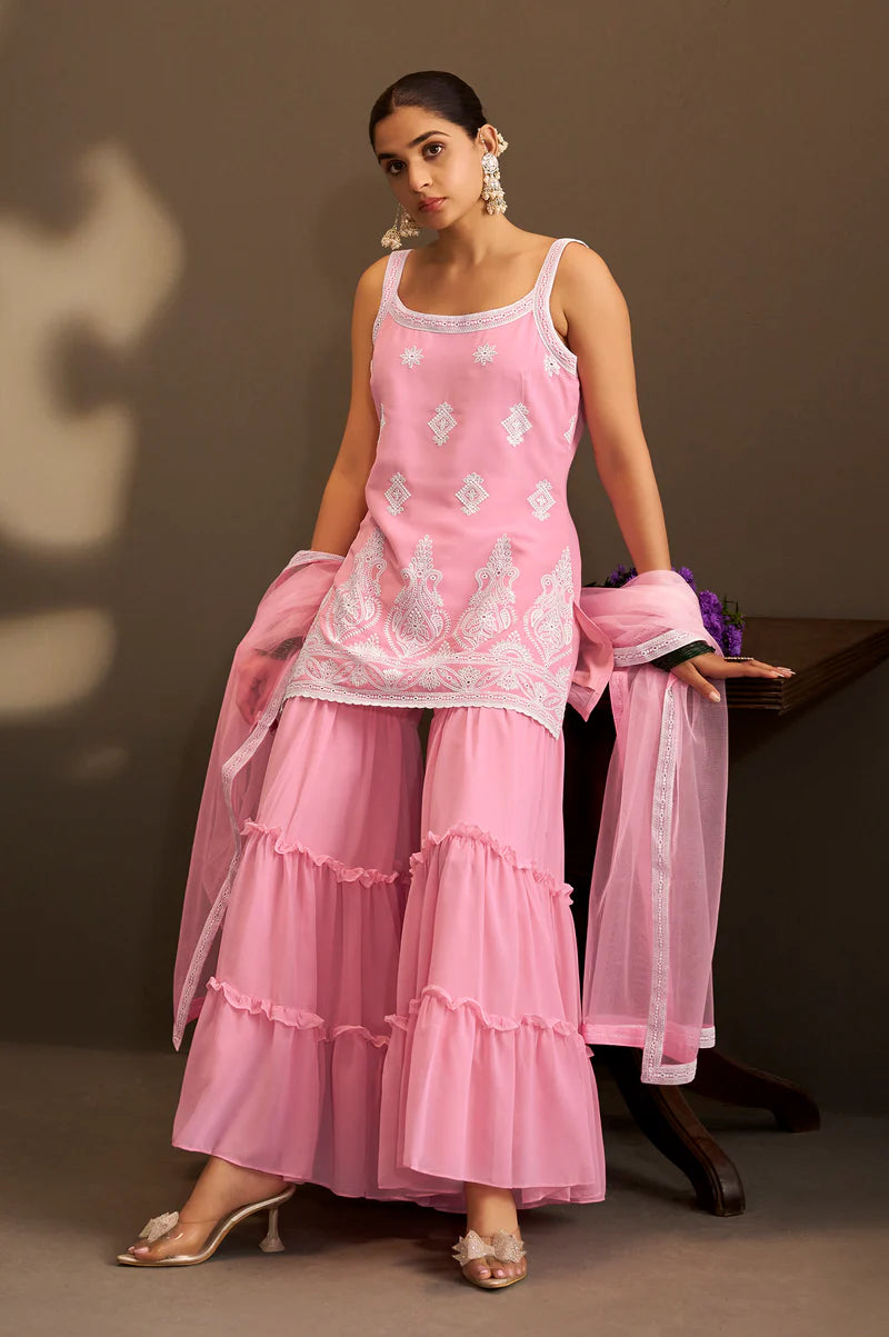 Pink Georgette Schiffli Embroidered Straight Kurta with Sharara & Net Dupatta