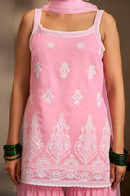 Pink Georgette Schiffli Embroidered Straight Kurta with Sharara & Net Dupatta