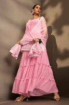 Pink Georgette Schiffli Embroidered Straight Kurta with Sharara & Net Dupatta