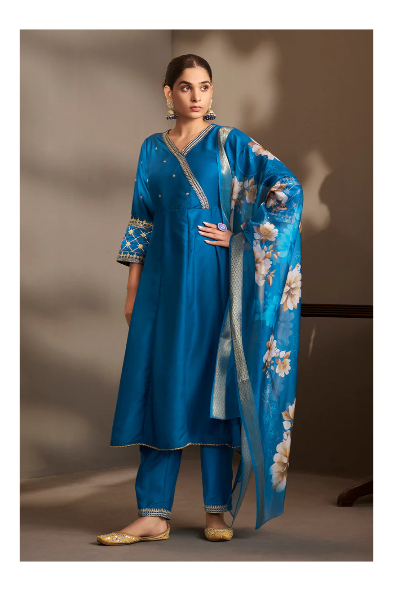 Blue Cotton Embroidered Straight Anarkali Kurta Set with Printed Organza Dupatta & Pants