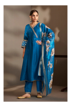 Blue Cotton Embroidered Straight Anarkali Kurta Set with Printed Organza Dupatta & Pants
