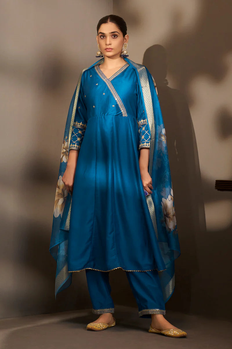 Blue Cotton Embroidered Straight Anarkali Kurta Set with Printed Organza Dupatta & Pants