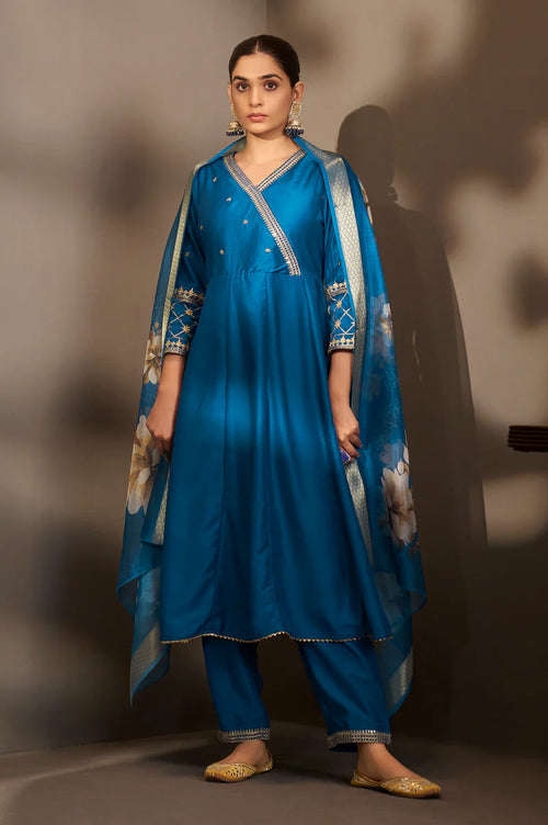 Blue Cotton Embroidered Straight Anarkali Kurta Set with Printed Organza Dupatta & Pants