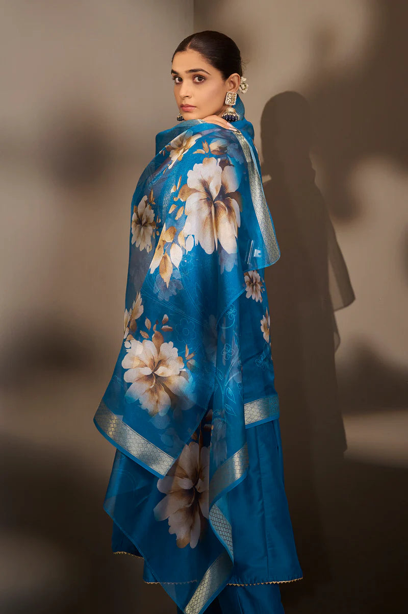 Blue Cotton Embroidered Straight Anarkali Kurta Set with Printed Organza Dupatta & Pants