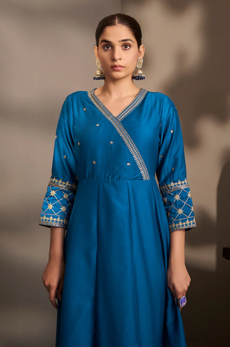 Blue Cotton Embroidered Straight Anarkali Kurta Set with Printed Organza Dupatta & Pants