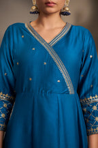 Blue Cotton Embroidered Straight Anarkali Kurta Set with Printed Organza Dupatta & Pants