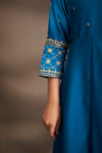 Blue Cotton Embroidered Straight Anarkali Kurta Set with Printed Organza Dupatta & Pants