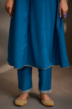 Blue Cotton Embroidered Straight Anarkali Kurta Set with Printed Organza Dupatta & Pants