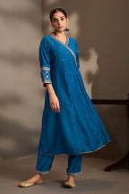 Blue Cotton Embroidered Straight Anarkali Kurta Set with Printed Organza Dupatta & Pants