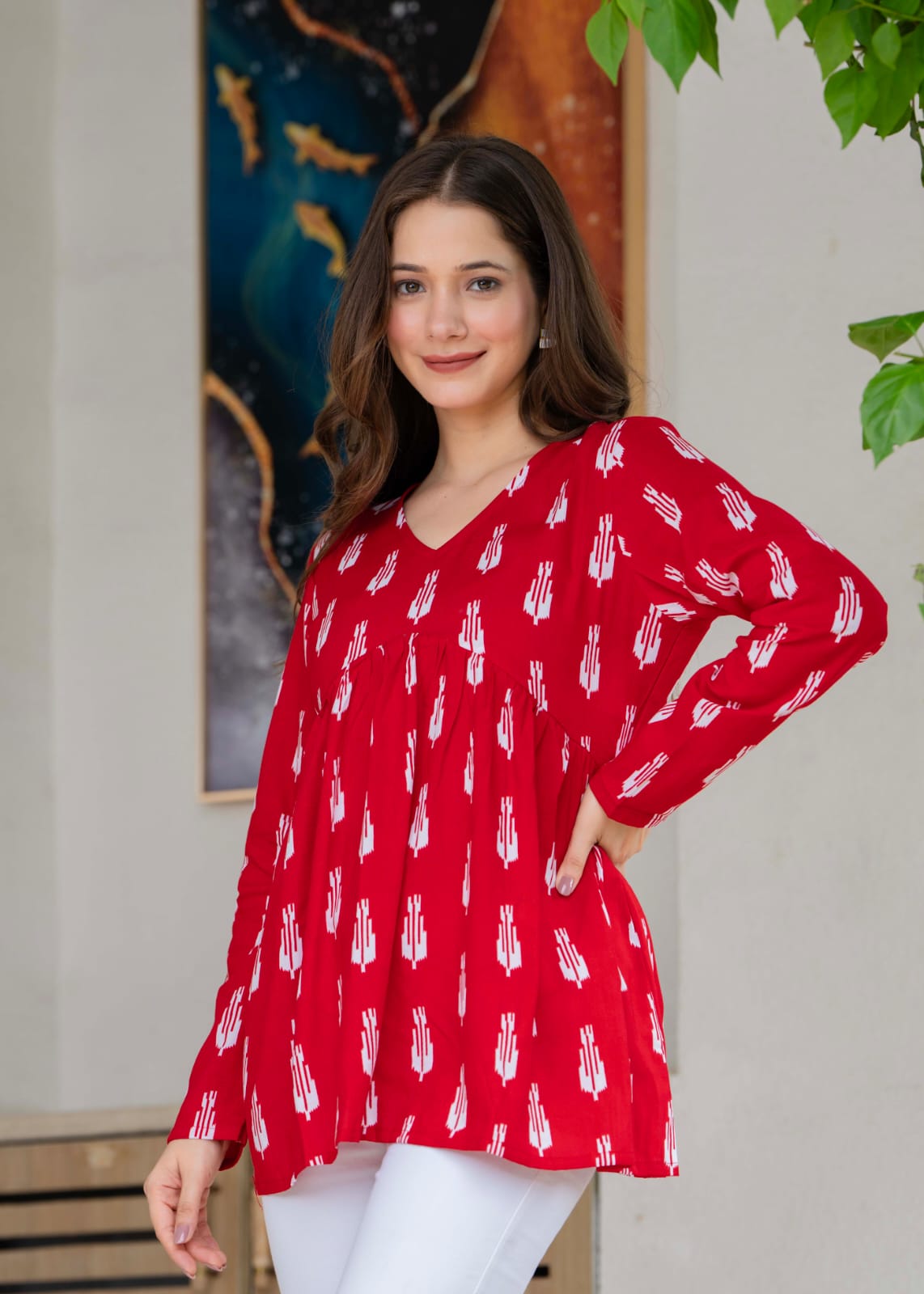 Red Ikat Printed Cotton Alia Top