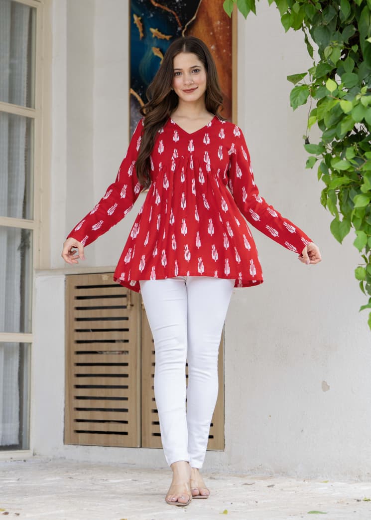 Red Ikat Printed Cotton Alia Top
