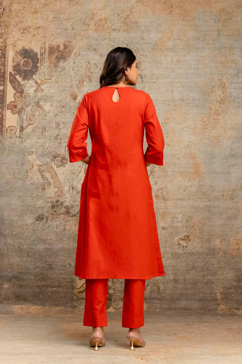 Rust Orange Embroidered Yoke Pure Cotton Kurta Set