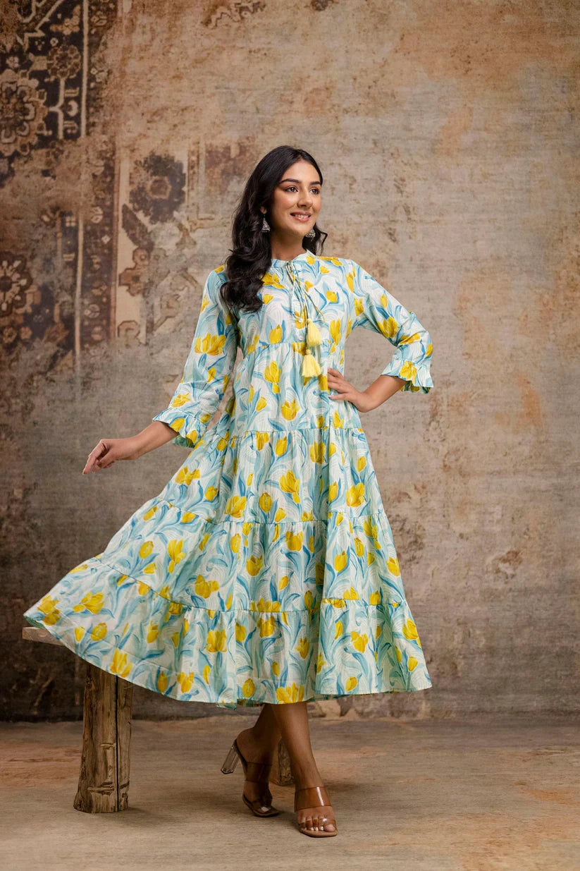 Pure Cotton Printed Flared Midi Dress