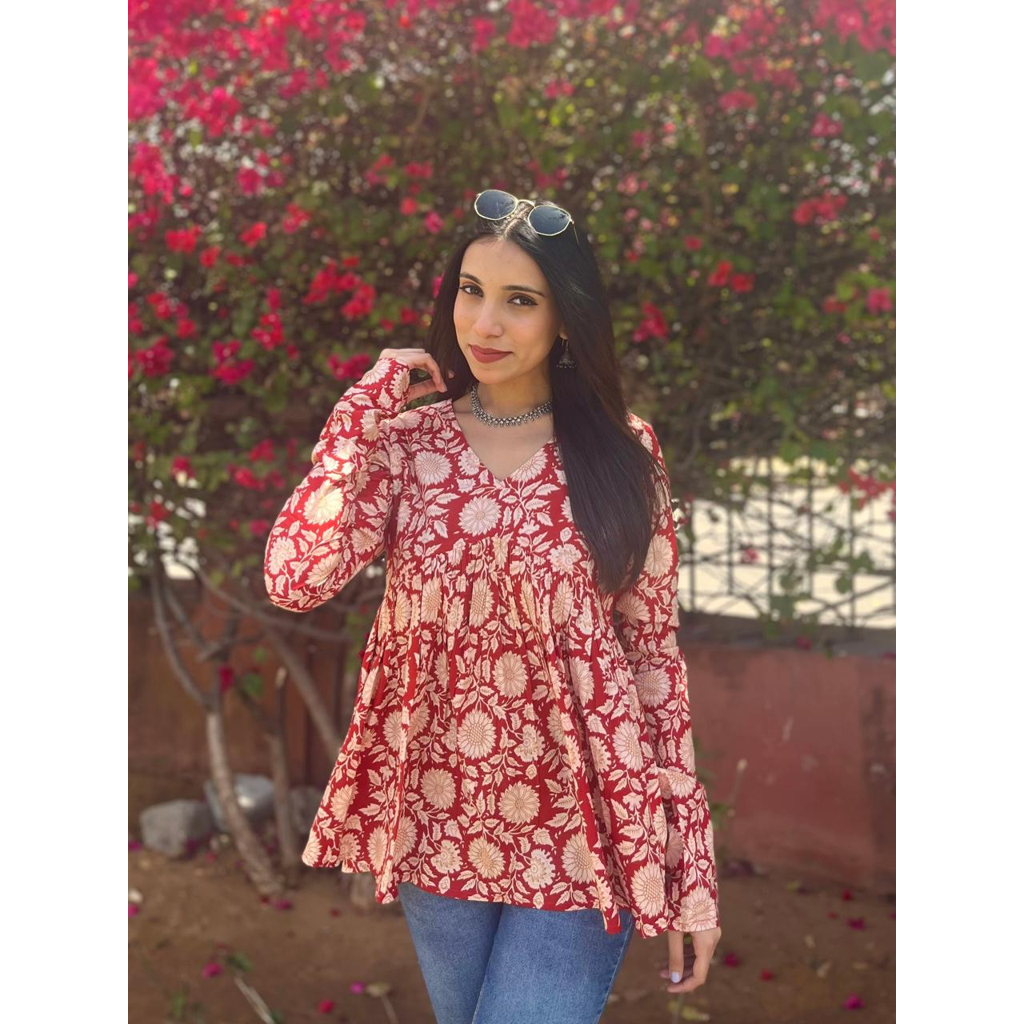 Elegant Floral Cotton Alia Top for Girls – Red