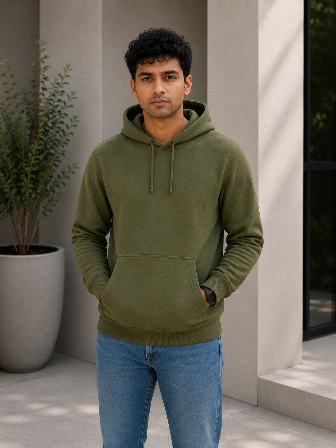 Man wearing a green hoodie and blue jeans standing outdoors.