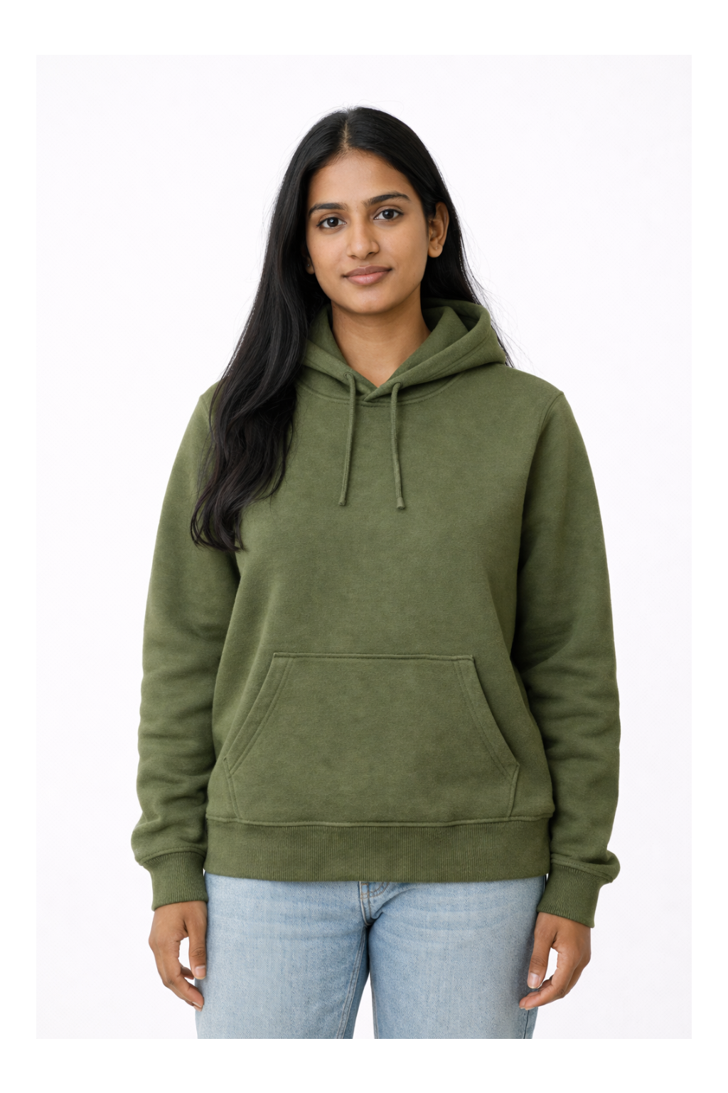 Woman wearing an olive green hoodie on a white background