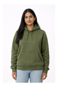 Woman wearing an olive green hoodie on a white background