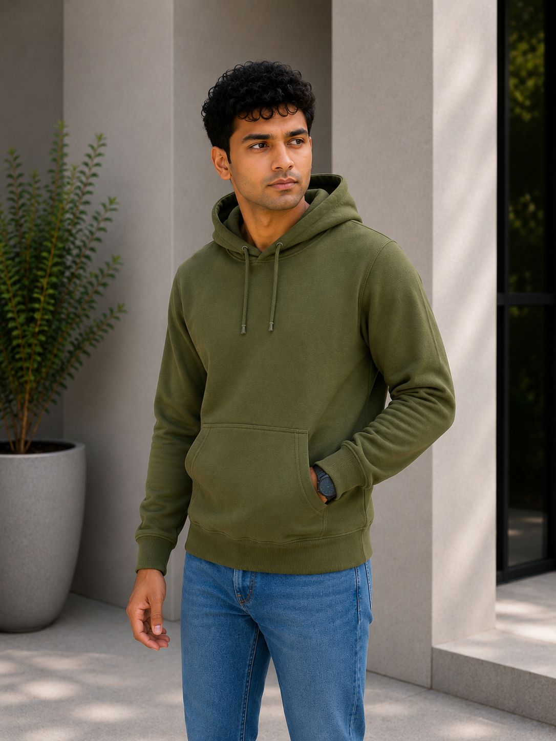Man wearing a green hoodie and blue jeans standing outdoors.