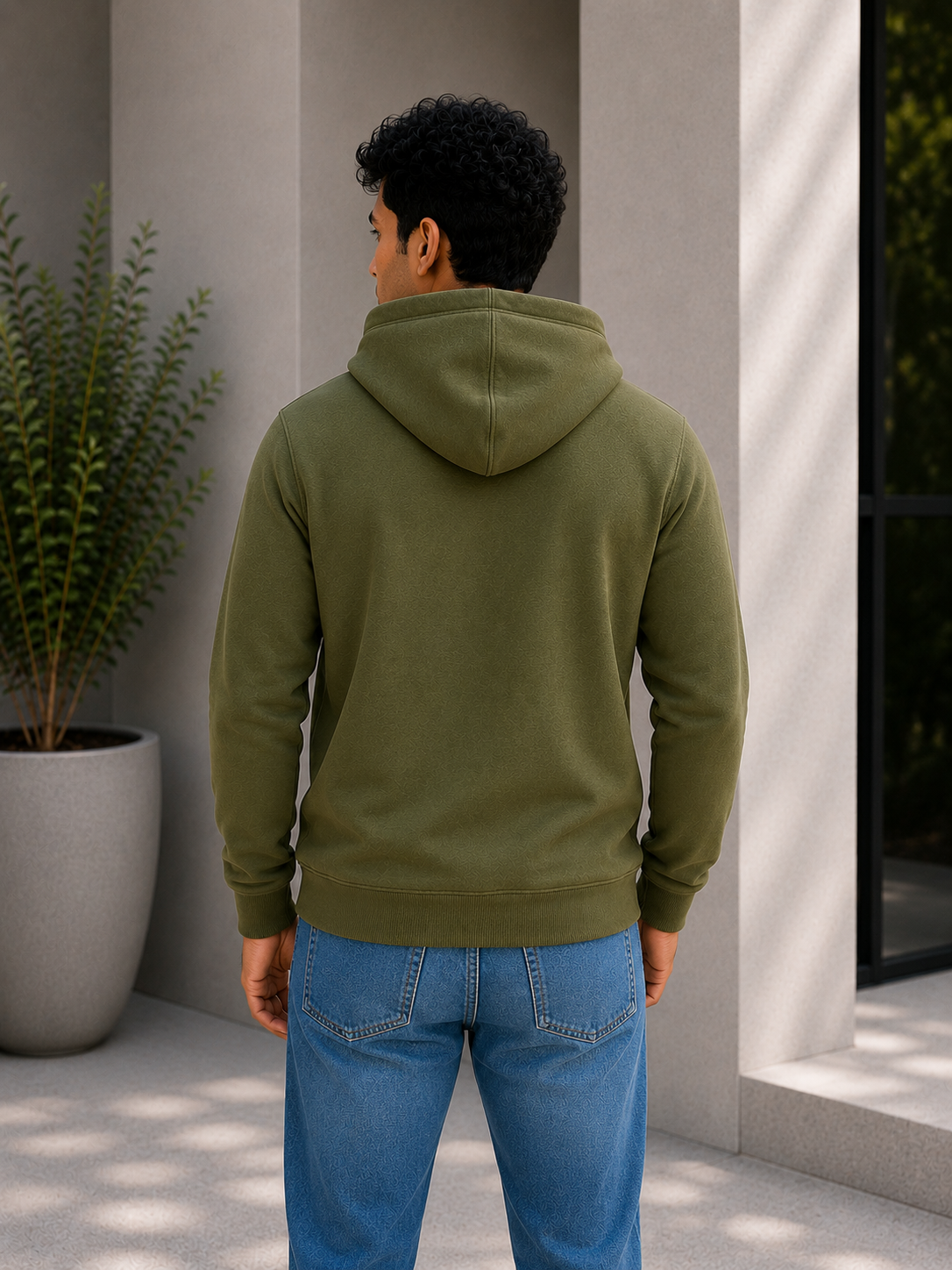 Person wearing a green hoodie and blue jeans standing outdoors.