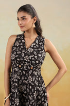 Women’s Pure Cotton Hand Block Printed Flared Maxi Dress – Black Floral