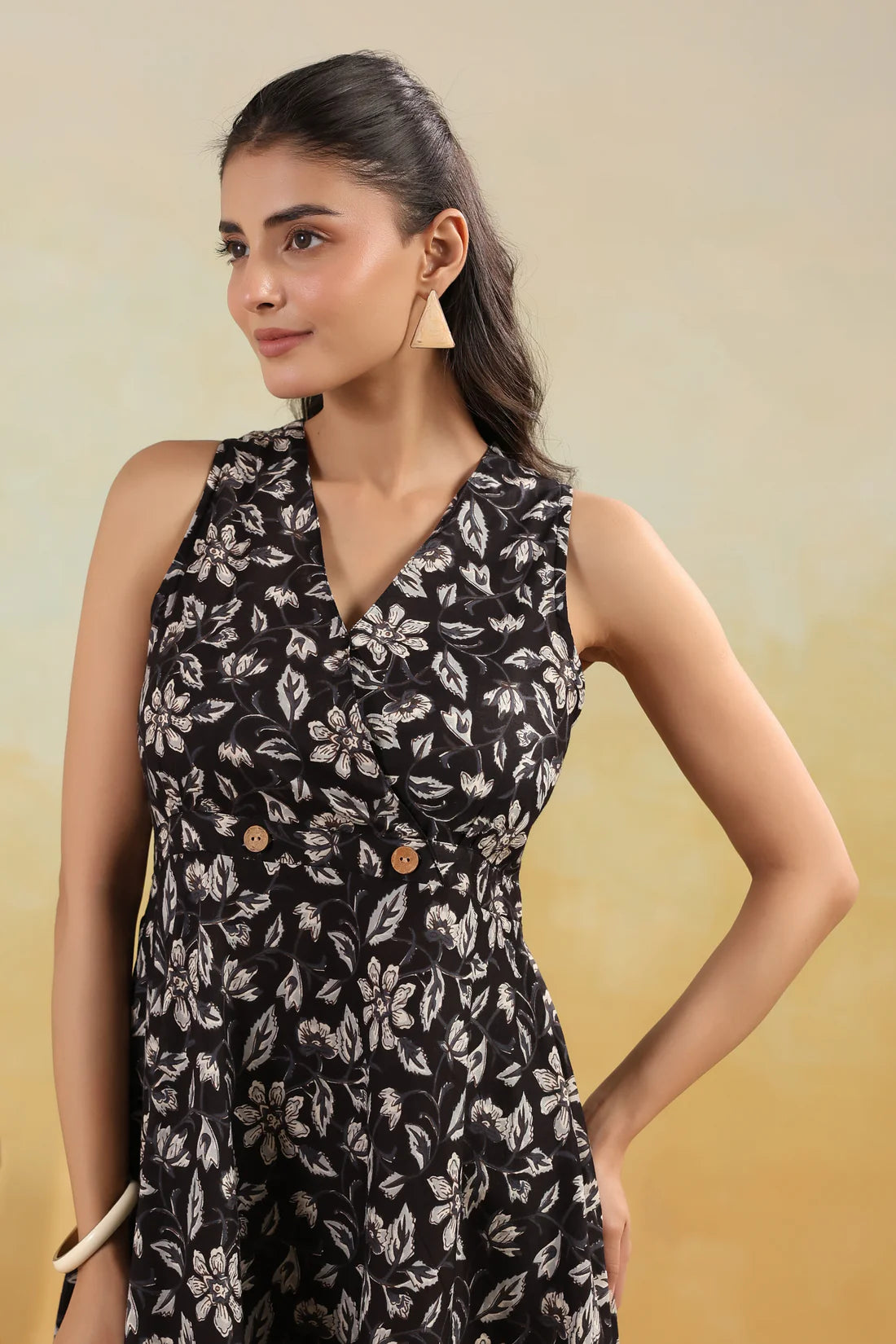 Women’s Pure Cotton Hand Block Printed Flared Maxi Dress – Black Floral