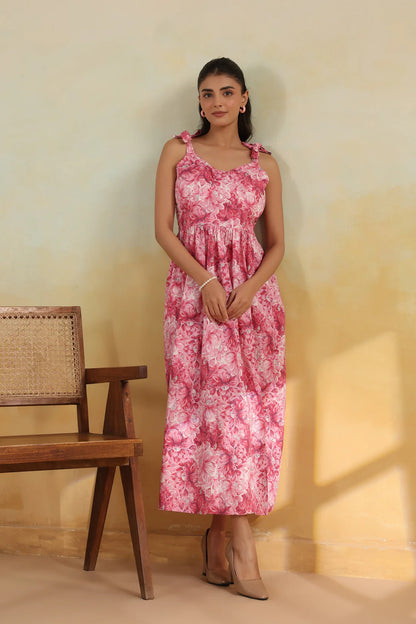 Pink Floral Printed Pure Cotton Maxi Dress — Shoulder Tie Straps | Elasticated Back