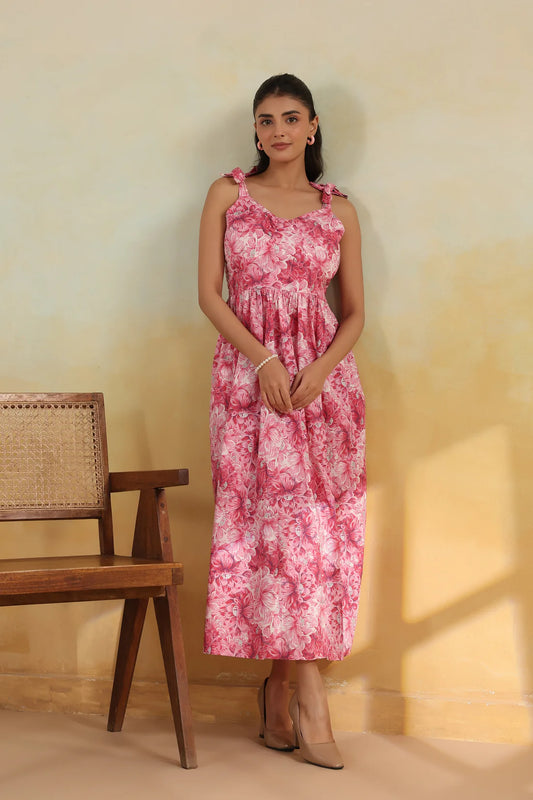 Pink Floral Printed Pure Cotton Maxi Dress — Shoulder Tie Straps | Elasticated Back