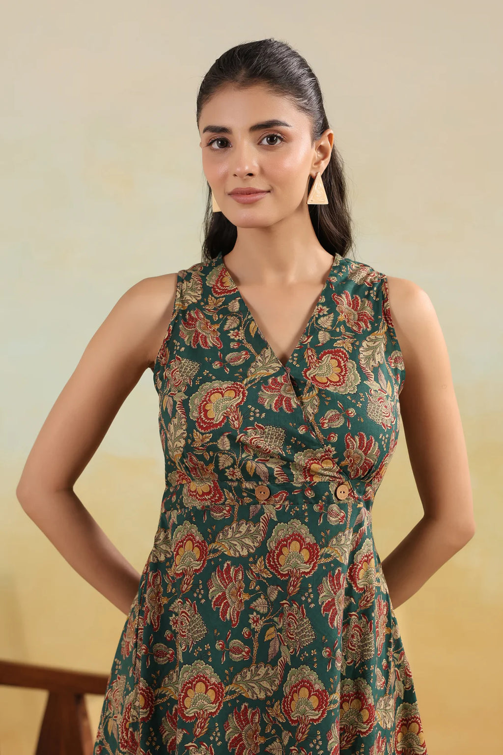 Women’s Pure Cotton Hand Block Printed Flared Maxi Dress – Teal Green Floral