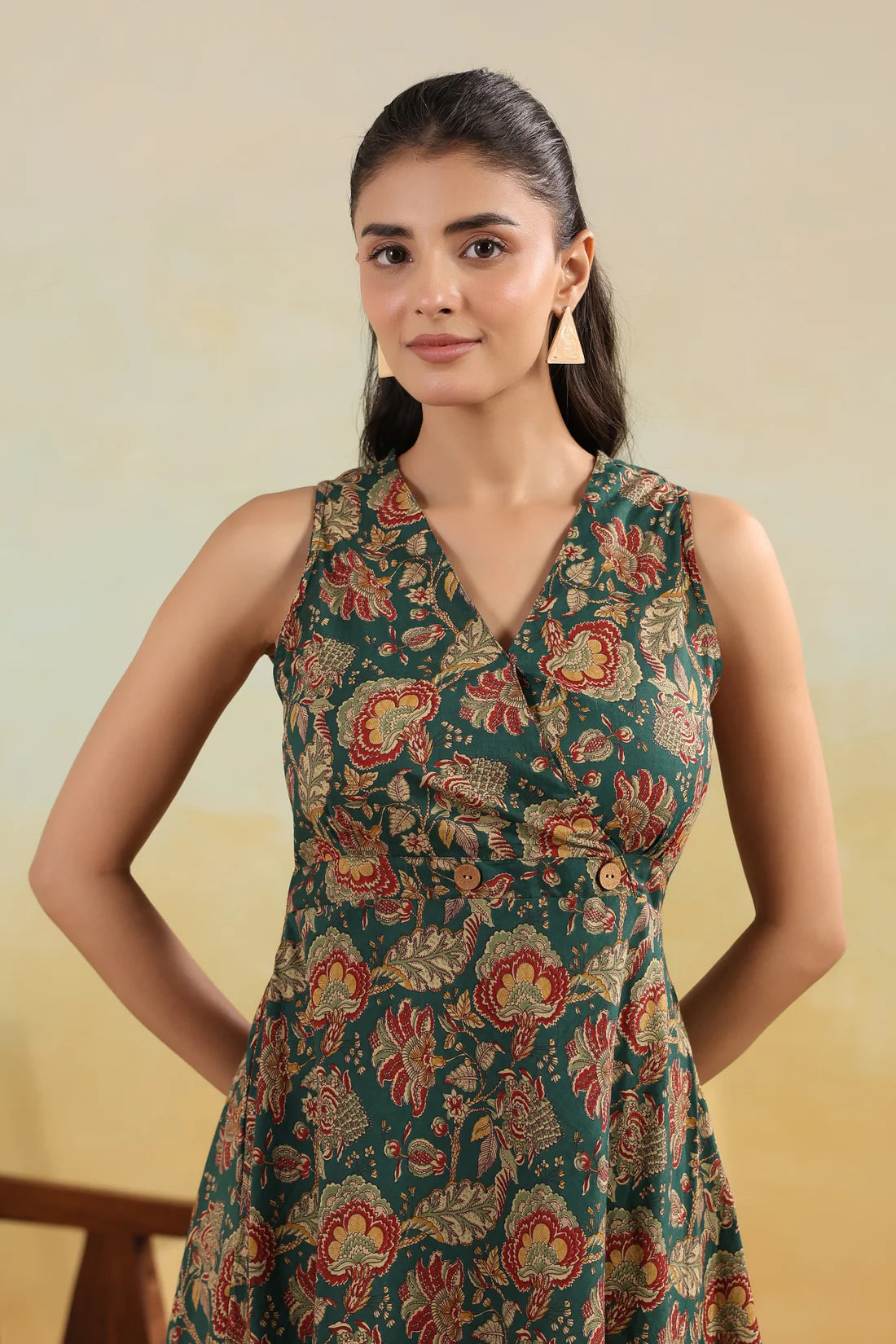 Women’s Pure Cotton Hand Block Printed Flared Maxi Dress – Teal Green Floral