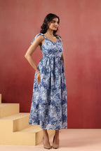 Blue Floral Printed Pure Cotton Maxi Dress — Shoulder Tie Straps