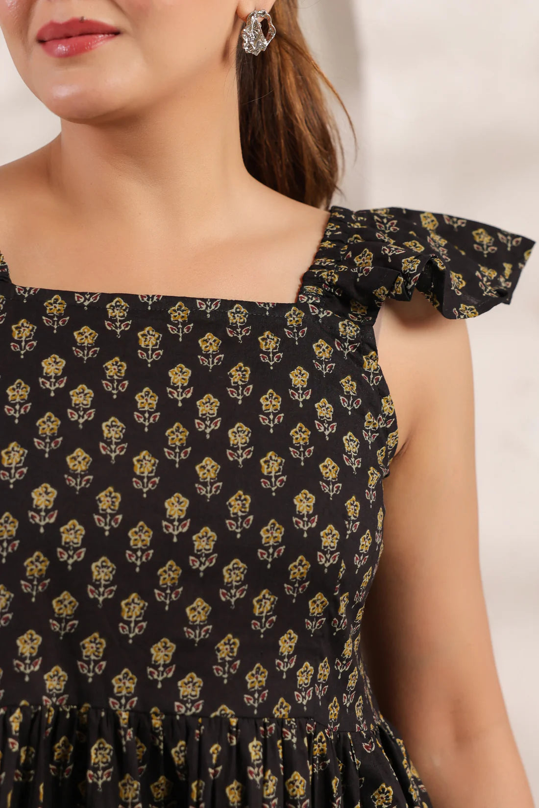 Black Pure Cotton Gold Booti Printed Peplum Top