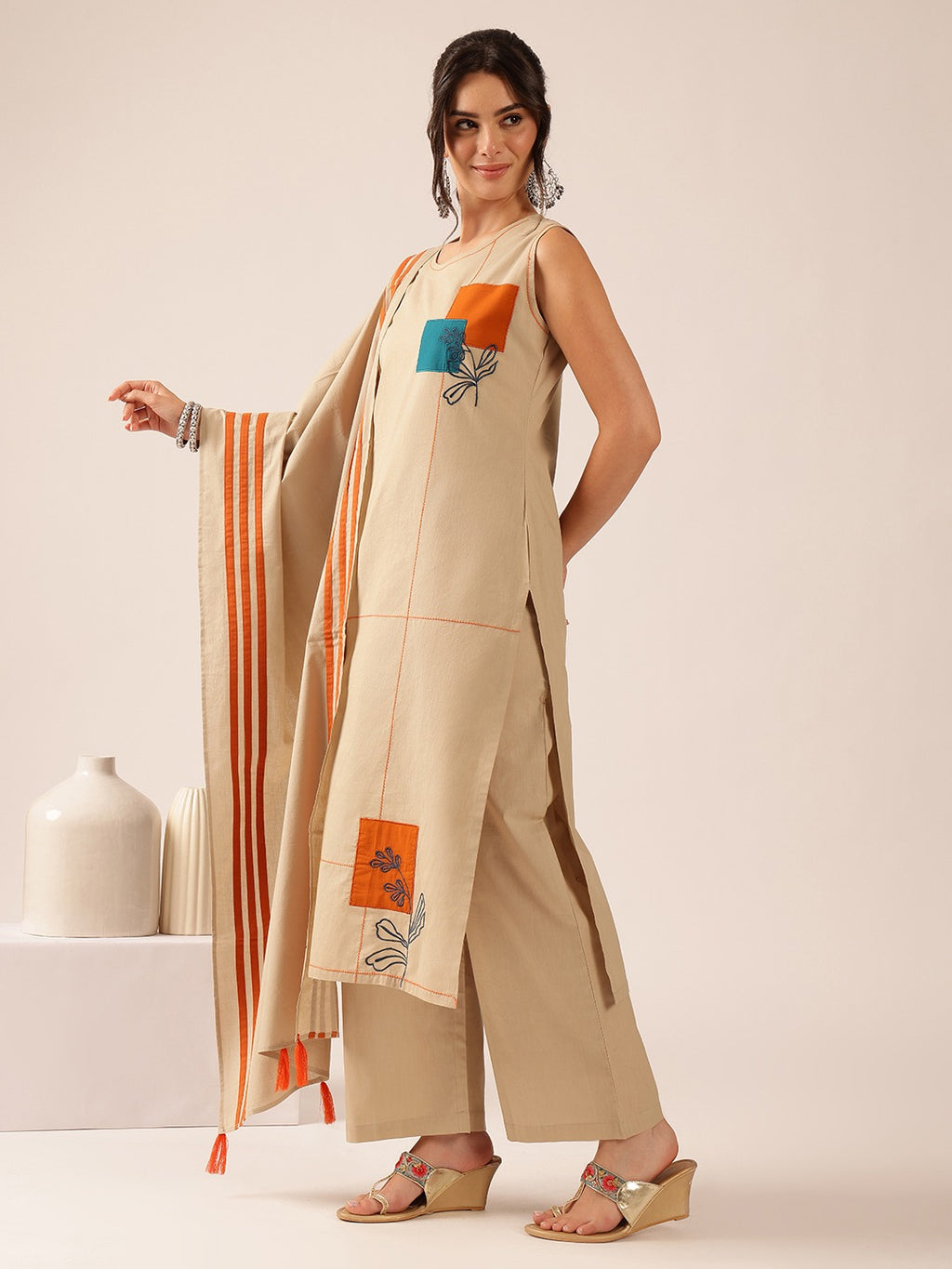 Beige Cotton Embroidered Straight Kurta Palazzo Set with Dupatta