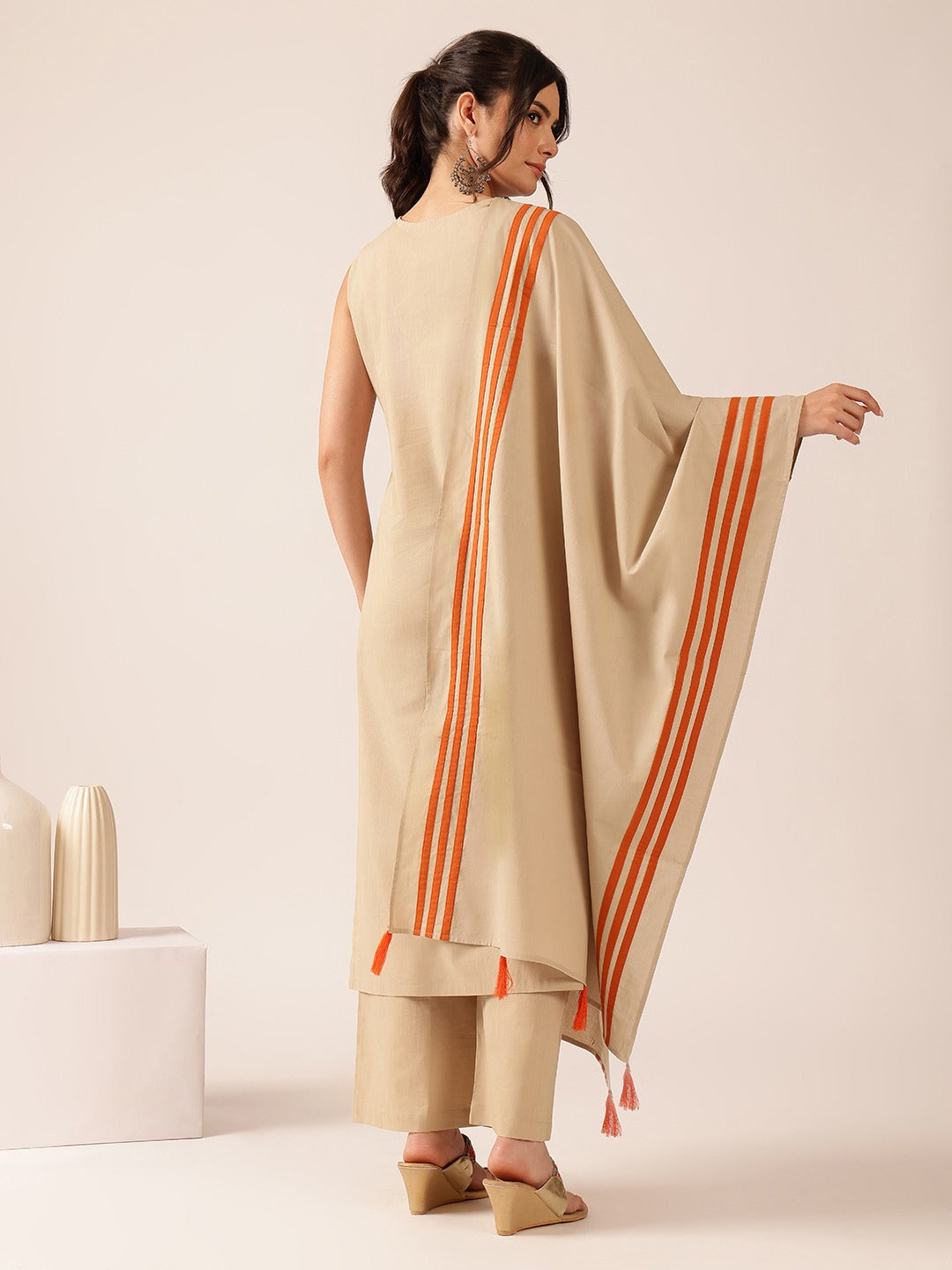 Beige Cotton Embroidered Straight Kurta Palazzo Set with Dupatta