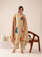 Beige Cotton Embroidered Straight Kurta Palazzo Set with Dupatta