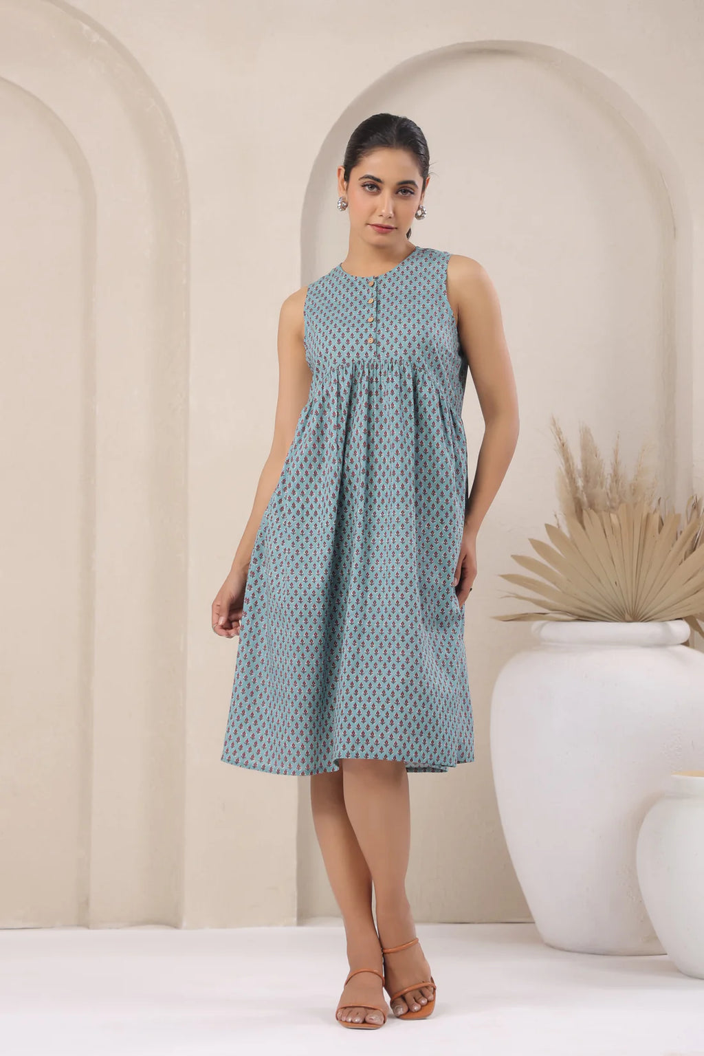 Printed Cotton Front Placket Midi Dress — Sleeveless, Everyday Comfort Fit