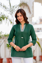 Bottle Green Cotton 60x60 Embroidered Women's Top
