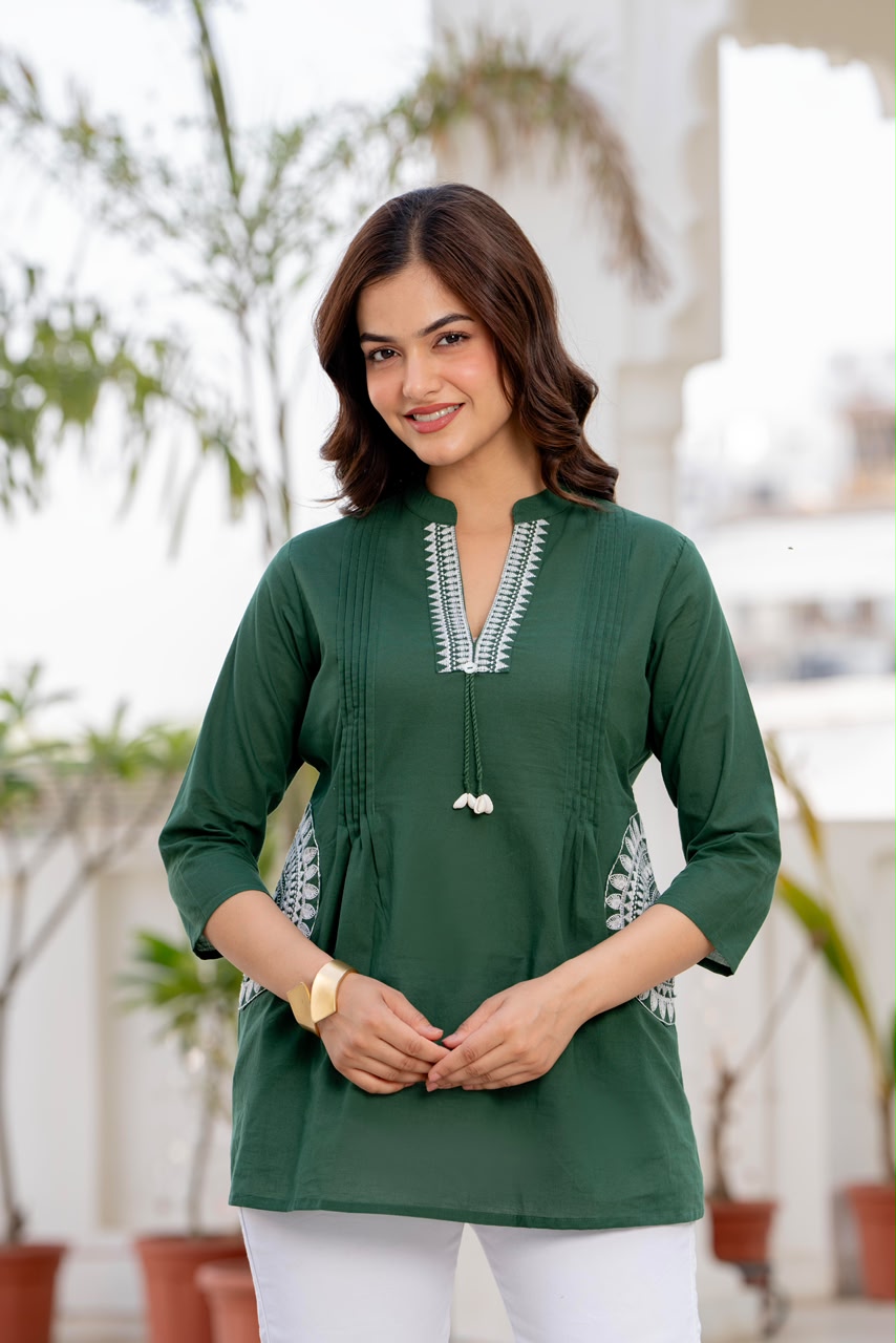 Bottle Green Cotton 60x60 Embroidered Women's Top
