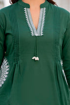 Bottle Green Cotton 60x60 Embroidered Women's Top
