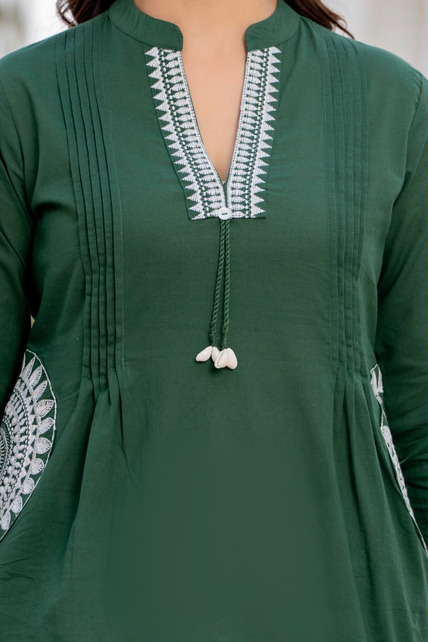 Bottle Green Cotton 60x60 Embroidered Women's Top