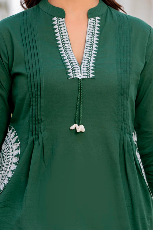 Bottle Green Cotton 60x60 Embroidered Women's Top