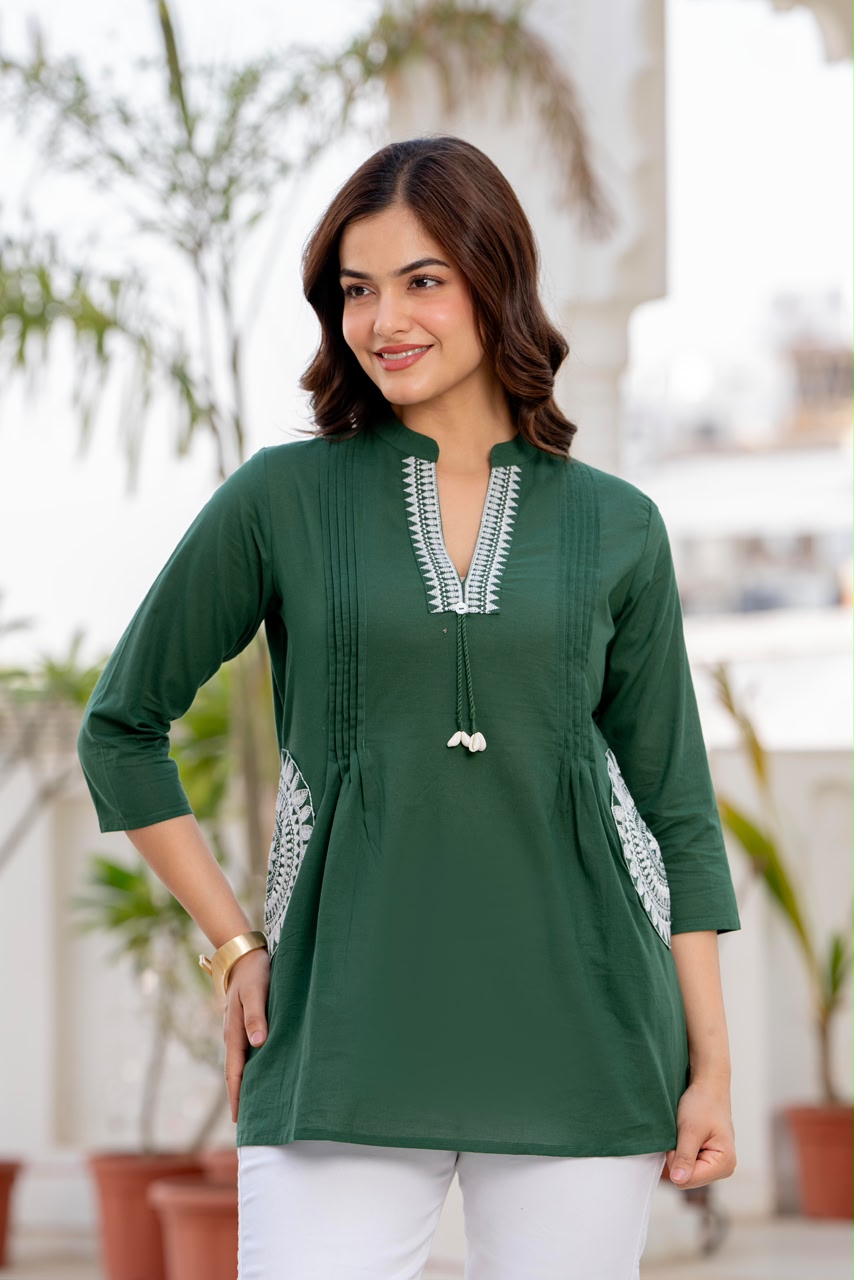 Bottle Green Cotton 60x60 Embroidered Women's Top