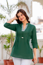 Bottle Green Cotton 60x60 Embroidered Women's Top