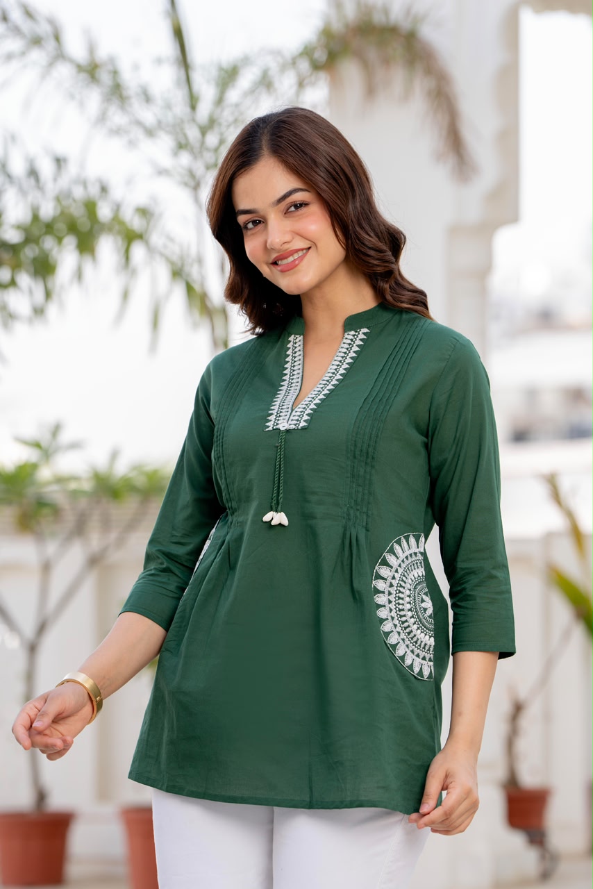 Bottle Green Cotton 60x60 Embroidered Women's Top