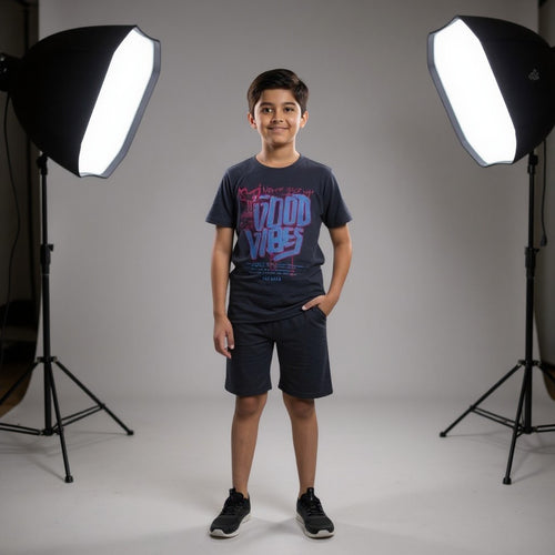 Boys Charcoal Grey “Good Vibes” Printed Co-ord Set – T-Shirt & Shorts Set